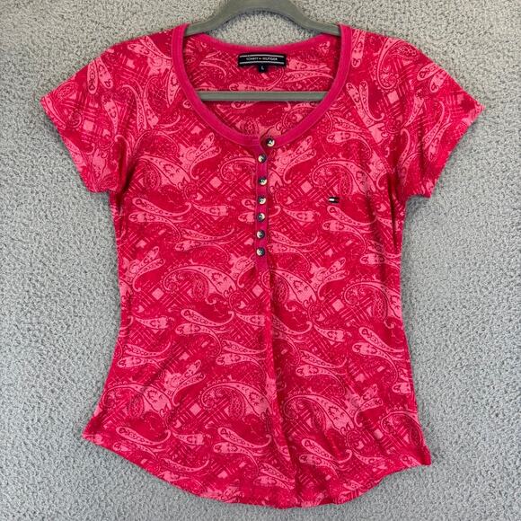 Y2k Tommy Hilfiger Baby Tee Large Pink Sheer Burnout Henley Paisley Mallgirl VTG - Picture 1 of 8